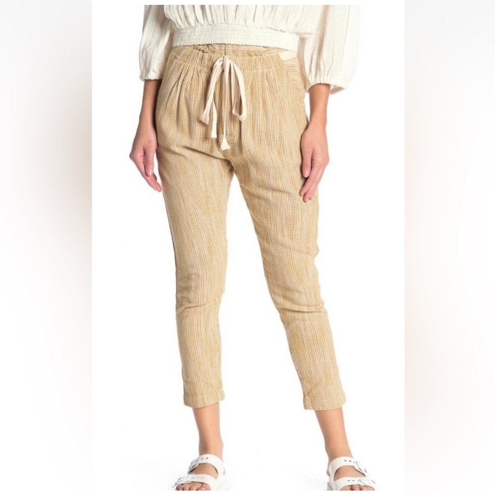 Free People CARAWAY Skinny Slim Pants mustard yellow Striped Drawstring- Sz 6